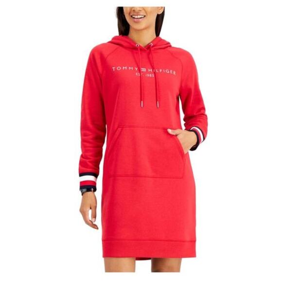 Tommy Hilfiger Logo Hoodie Sweatshirt Dress Size M Red Cozy Streetwear Comfort - Picture 2 of 11